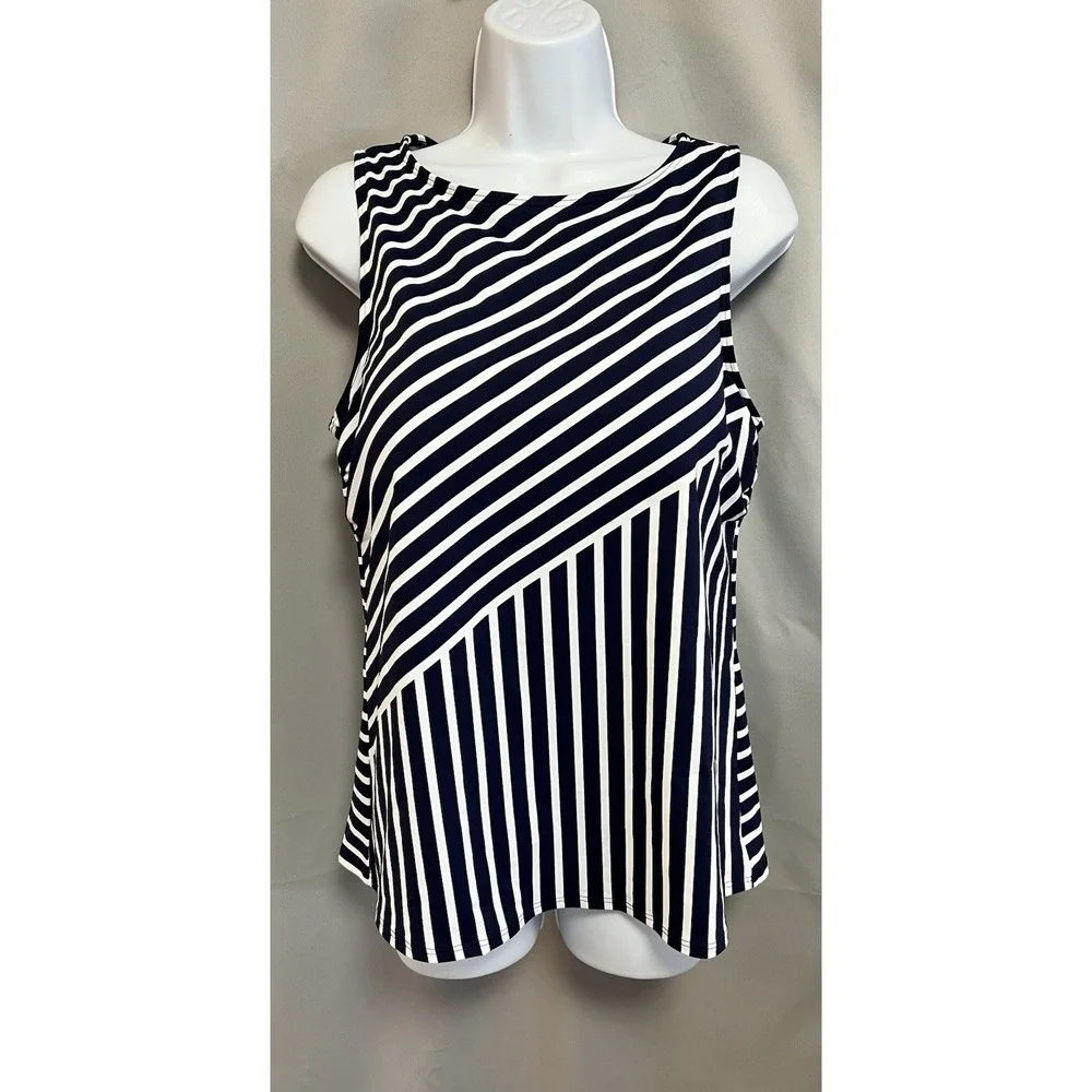 Lands End 14D Swimsuit‎ Tankini Tank Top Navy Blue Stripe High Neck UPF50 NWOT